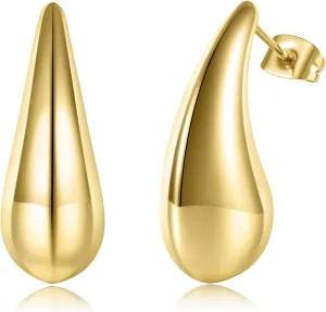 Titanium Chunky Waterdrop 316L Surgical Stainless Steel Stud Earrings Hollow 18K Gold Plated Hypoallergenic for Sensitive Ear for Women Men Post Piercing Set Dome Teardrop Lobe