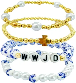 Todu Cross WWJD Bracelets What Would Jesus Do Imitation Pearl Porcelain Beaded Bracelet Vintage Inspirational Religious Faith Christian Jewelry for Women
