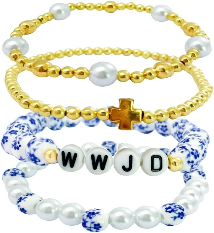 Todu Cross WWJD Bracelets What Would Jesus Do Imitation Pearl Porcelain Beaded Bracelet Vintage Inspirational Religious Faith Christian Jewelry for Women