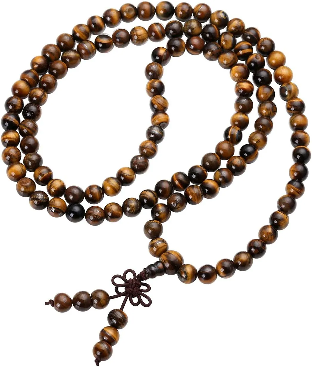 Top Plaza Unisex 108 Mala Beads Necklace Natural Gemstone Buddha Prayer Beads Mala Bracelets Buddhist Rosary Necklace (8mm Tiger Eye)