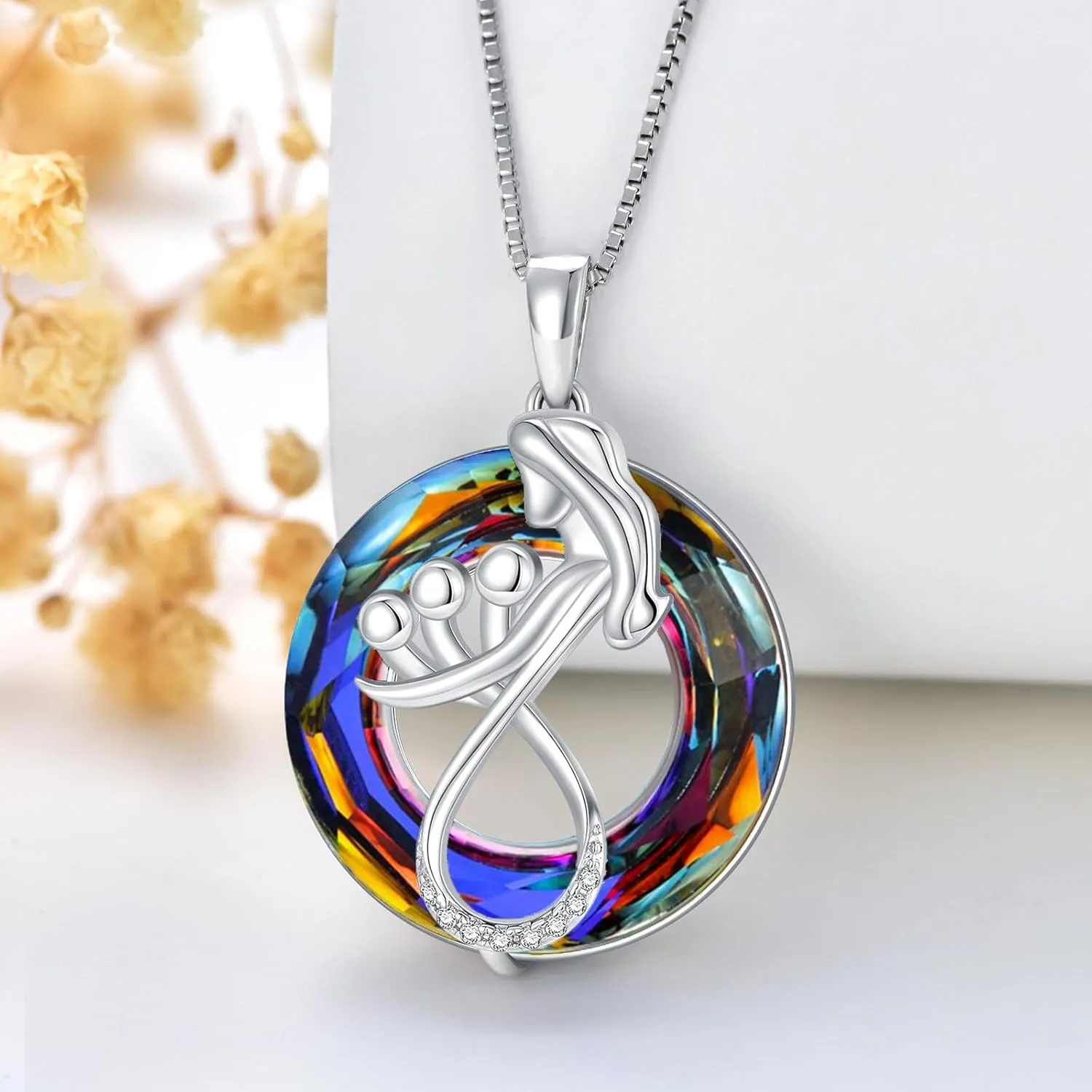 TOUPOP Mothers Day Gifts for Mom Mother of 1 to 3 Daughter/Son Necklace Sterling Silver Family Pendant Necklaces with Crystal Jewelry Birthday Gifts for Women