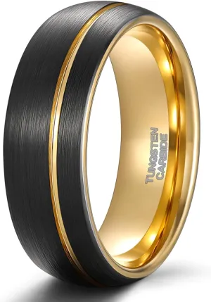 TRUMIUM 8mm Gold Tungsten Carbide Rings Black Mens Wedding Band Groove Center Ring Beveled Edges Comfort Fit Size 7-14