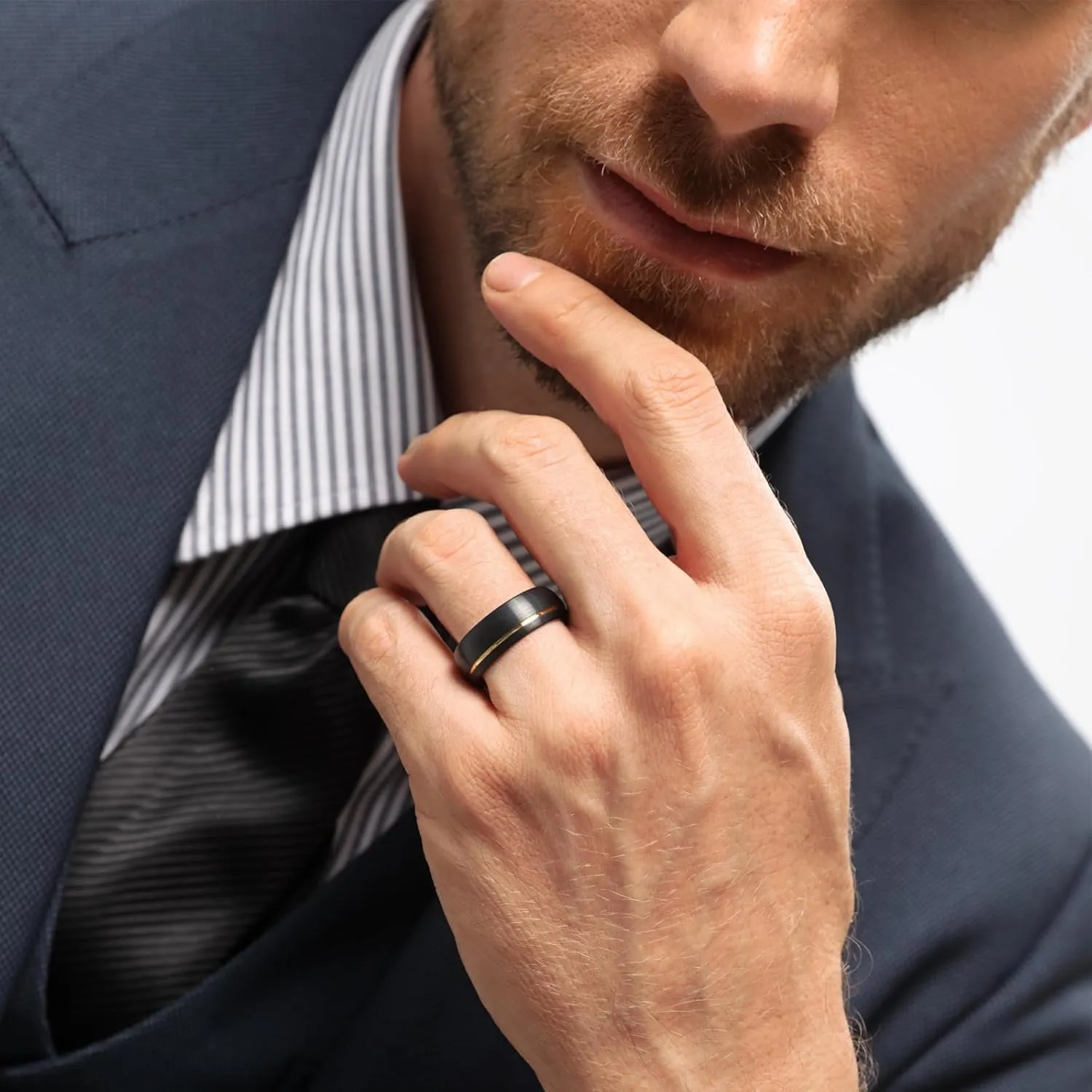 TRUMIUM 8mm Gold Tungsten Carbide Rings Black Mens Wedding Band Groove Center Ring Beveled Edges Comfort Fit Size 7-14