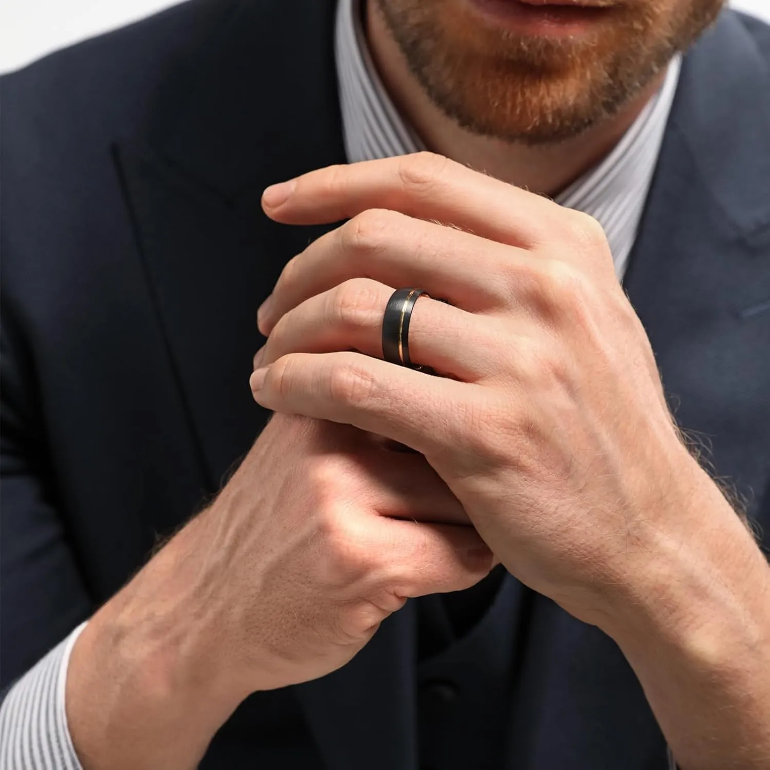 TRUMIUM 8mm Gold Tungsten Carbide Rings Black Mens Wedding Band Groove Center Ring Beveled Edges Comfort Fit Size 7-14