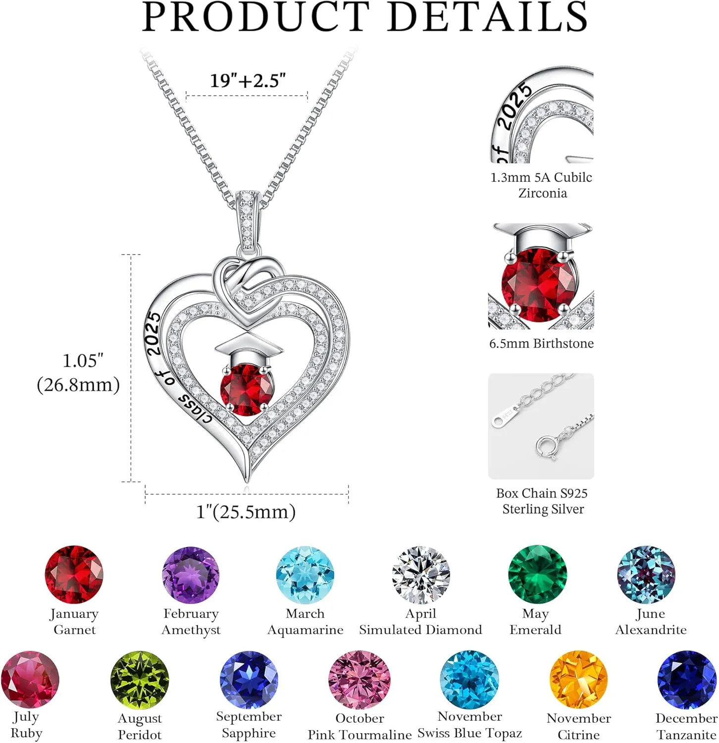 Turandoss Graduation Gifts for Her 2025, S925 Sterling Silver Birthstone Necklace Engraved Class of 2025 Inspirational Graduation Necklaces High School College Graduation Gifts for Her 2025