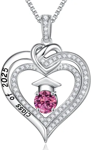 Turandoss Graduation Gifts for Her 2025, S925 Sterling Silver Birthstone Necklace Engraved Class of 2025 Inspirational Graduation Necklaces High School College Graduation Gifts for Her 2025