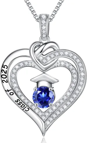 Turandoss Graduation Gifts for Her 2025, S925 Sterling Silver Birthstone Necklace Engraved Class of 2025 Inspirational Graduation Necklaces High School College Graduation Gifts for Her 2025