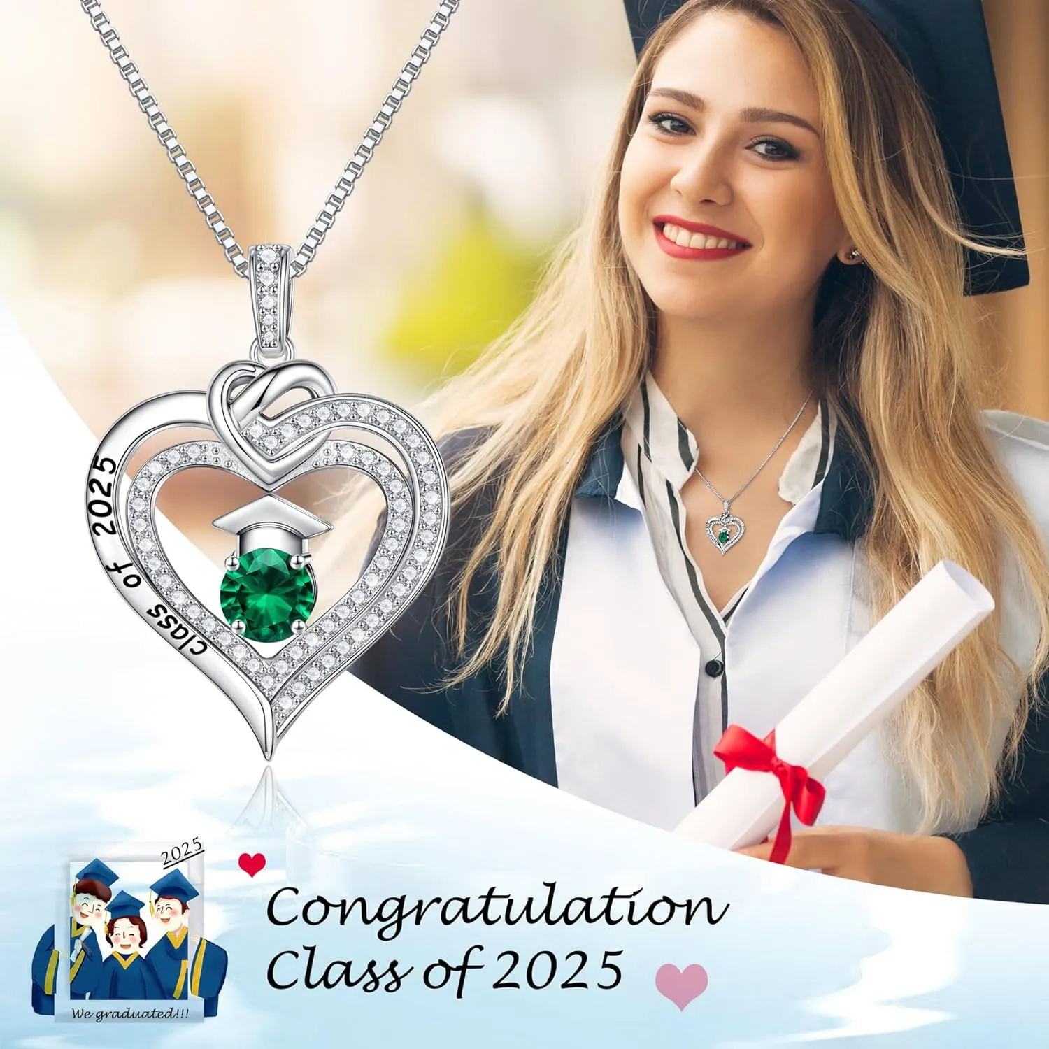 Turandoss Graduation Gifts for Her 2025, S925 Sterling Silver Birthstone Necklace Engraved Class of 2025 Inspirational Graduation Necklaces High School College Graduation Gifts for Her 2025