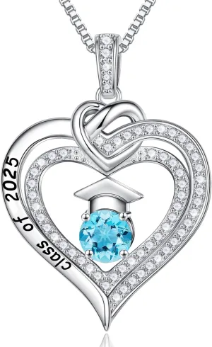 Turandoss Graduation Gifts for Her 2025, S925 Sterling Silver Birthstone Necklace Engraved Class of 2025 Inspirational Graduation Necklaces High School College Graduation Gifts for Her 2025