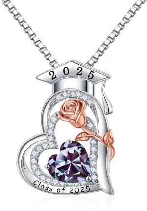 Turandoss Graduation Gifts for Her 2025, S925 Sterling Silver Heart Birthstone Graduation Cap Necklaces Class of 2025 High School College Graduation Gifts for Her