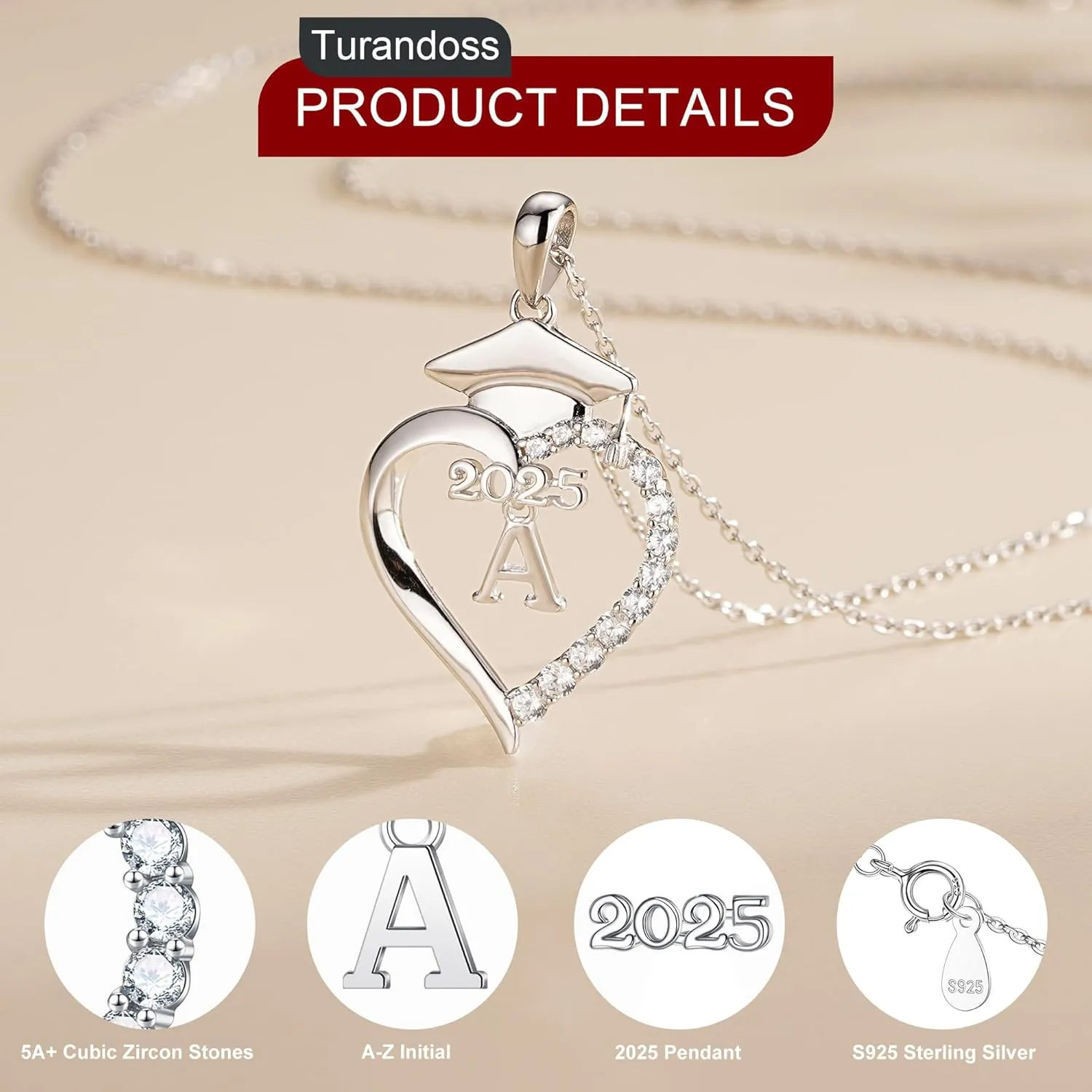 Turandoss Graduation Gifts for Her - S925 Sterling Silver CZ Class of 2025 Letter Necklace Graduation Cap Pendant Heart Initial Necklaces for Women College High School Friendship Gifts for Her 2025