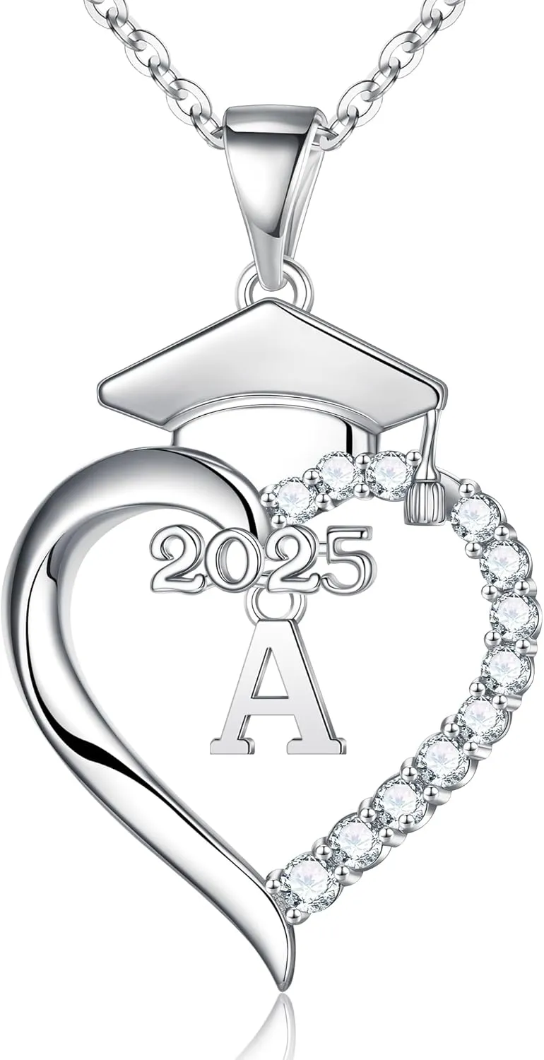 Turandoss Graduation Gifts for Her - S925 Sterling Silver CZ Class of 2025 Letter Necklace Graduation Cap Pendant Heart Initial Necklaces for Women College High School Friendship Gifts for Her 2025