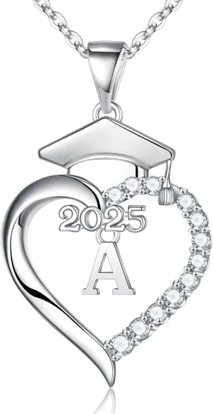Turandoss Graduation Gifts for Her - S925 Sterling Silver CZ Class of 2025 Letter Necklace Graduation Cap Pendant Heart Initial Necklaces for Women College High School Friendship Gifts for Her 2025