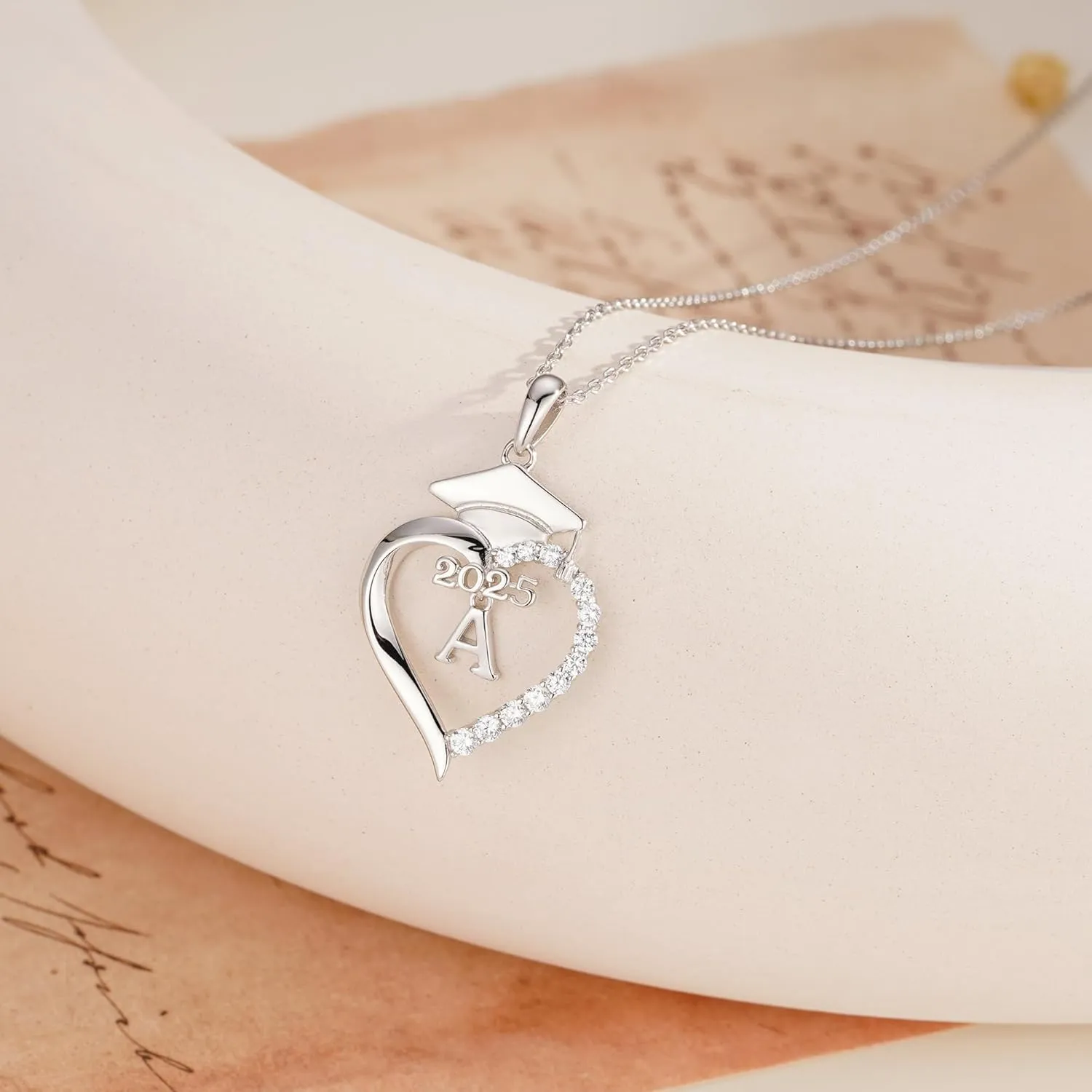 Turandoss Graduation Gifts for Her - S925 Sterling Silver CZ Class of 2025 Letter Necklace Graduation Cap Pendant Heart Initial Necklaces for Women College High School Friendship Gifts for Her 2025