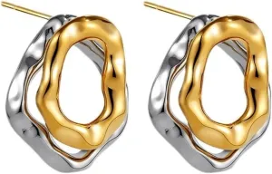 Two Tone Gold Silver stud Earrings for Women Textured earring Minimalist