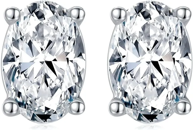 TwoBirch 1 Carat Oval Moissanite Stud Earrings (4 x 6 mm, Certified) set in Platinum Plated Silver