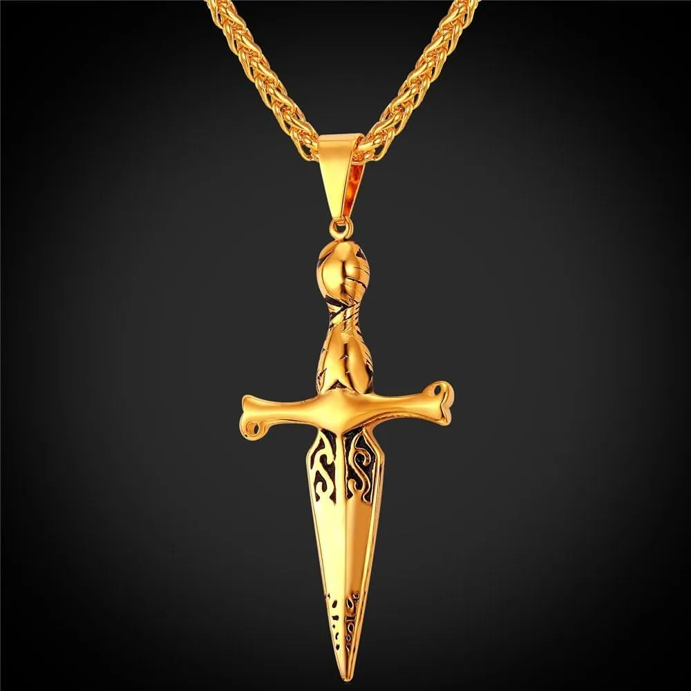 U7 Punk Necklaces Stainless Steel 18K Gold Plated Large Hip Hop Dagger/Knife/Sword/Steampunk Gear/Large Razor Blade Pendant Necklace for Men Women, Chain 22-24 Inches