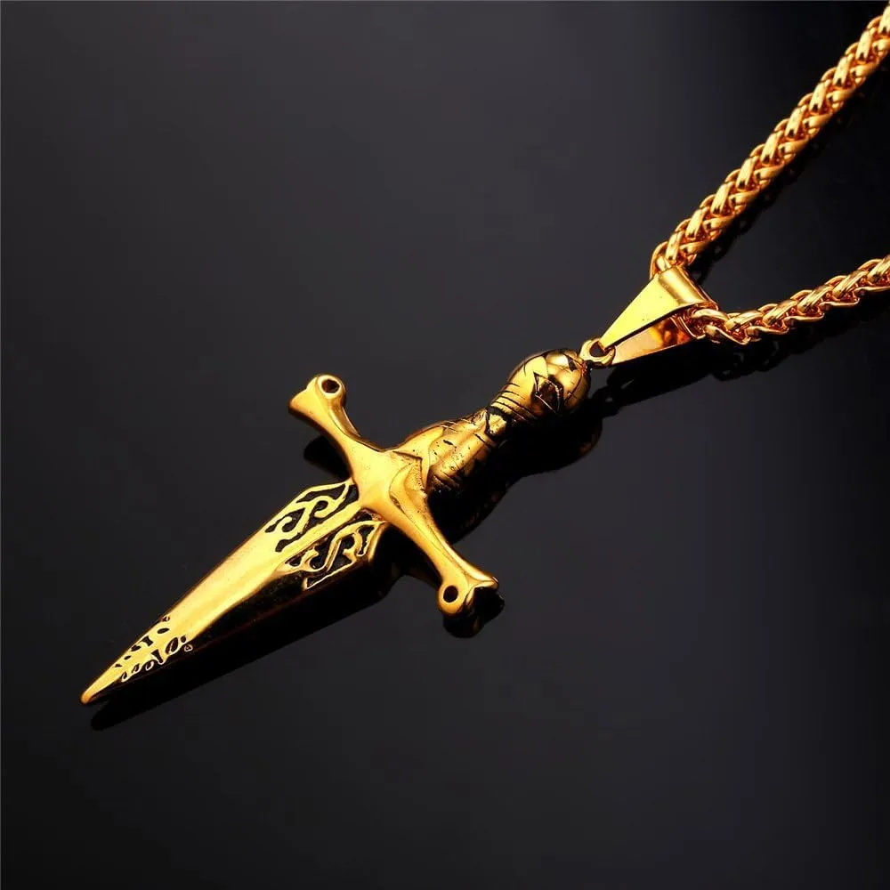 U7 Punk Necklaces Stainless Steel 18K Gold Plated Large Hip Hop Dagger/Knife/Sword/Steampunk Gear/Large Razor Blade Pendant Necklace for Men Women, Chain 22-24 Inches
