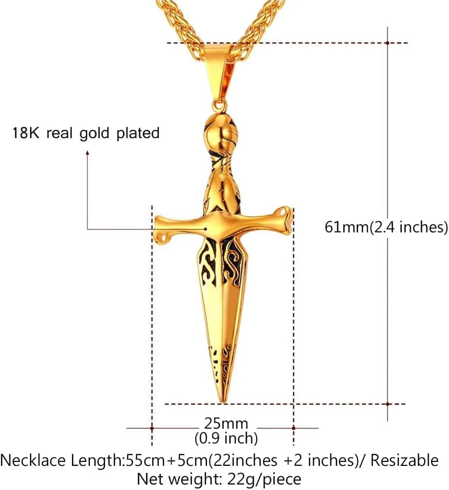 U7 Punk Necklaces Stainless Steel 18K Gold Plated Large Hip Hop Dagger/Knife/Sword/Steampunk Gear/Large Razor Blade Pendant Necklace for Men Women, Chain 22-24 Inches