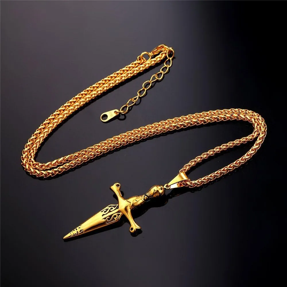 U7 Punk Necklaces Stainless Steel 18K Gold Plated Large Hip Hop Dagger/Knife/Sword/Steampunk Gear/Large Razor Blade Pendant Necklace for Men Women, Chain 22-24 Inches