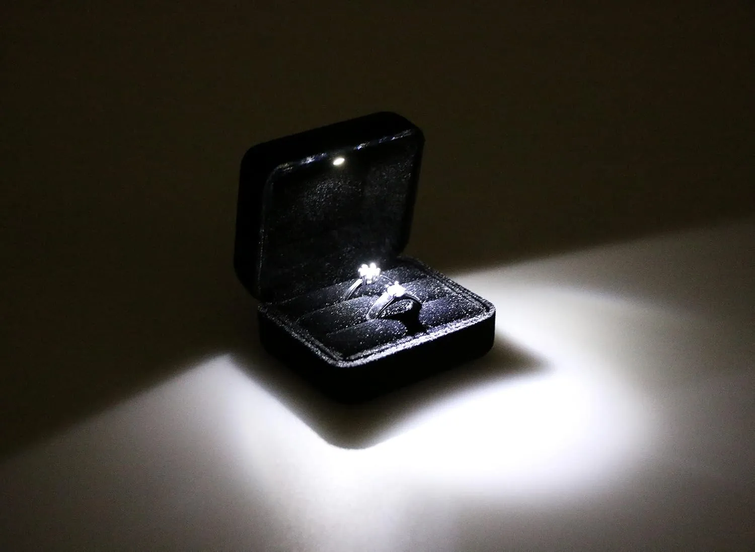 Velvet Metal Glossy Double Slot with LED Jewelry Gift Box for Proposal, Engagement, Wedding - Easy to fit into Your Pocket or Handbag - Black