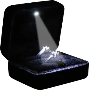 Velvet Metal Glossy Double Slot with LED Jewelry Gift Box for Proposal, Engagement, Wedding - Easy to fit into Your Pocket or Handbag - Black