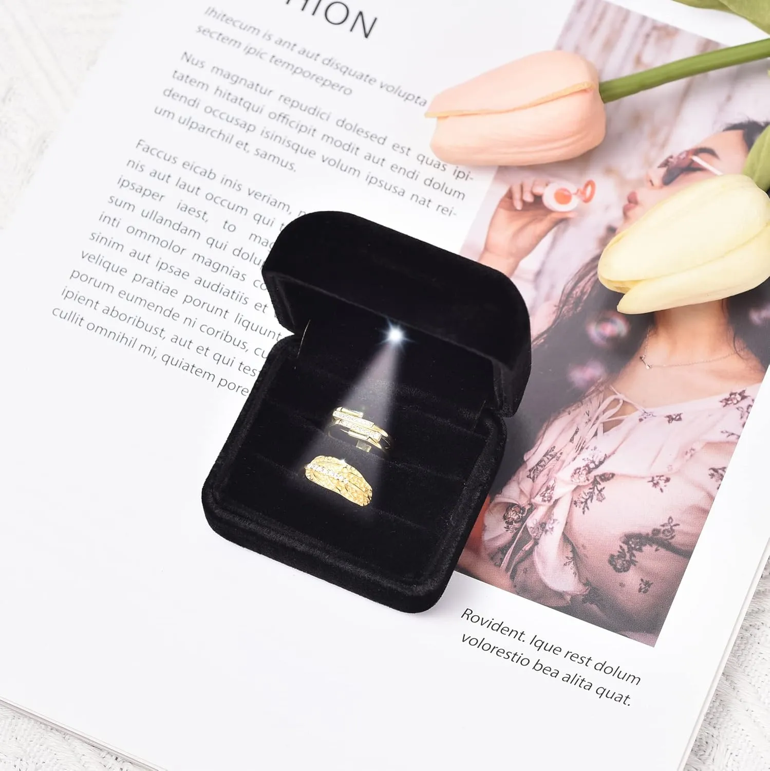 Velvet Metal Glossy Double Slot with LED Jewelry Gift Box for Proposal, Engagement, Wedding - Easy to fit into Your Pocket or Handbag - Black
