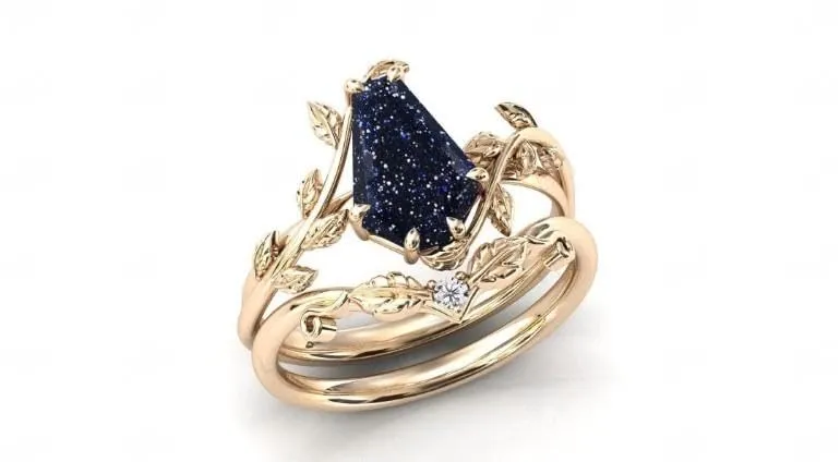 Vintage Sandstone Engagement Ring Set Black Anniversary Ring Set For Women Coffin Shaped Art Deco Wedding Leaf Style Ring Set (white-gold-plated-silver, 12)