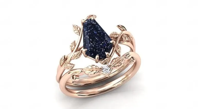 Vintage Sandstone Engagement Ring Set Black Anniversary Ring Set For Women Coffin Shaped Art Deco Wedding Leaf Style Ring Set (white-gold-plated-silver, 12)