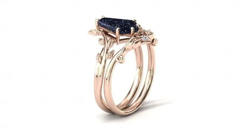 Vintage Sandstone Engagement Ring Set Black Anniversary Ring Set For Women Coffin Shaped Art Deco Wedding Leaf Style Ring Set (white-gold-plated-silver, 12)