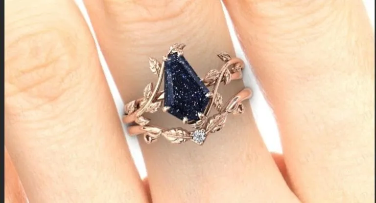 Vintage Sandstone Engagement Ring Set Black Anniversary Ring Set For Women Coffin Shaped Art Deco Wedding Leaf Style Ring Set (white-gold-plated-silver, 12)