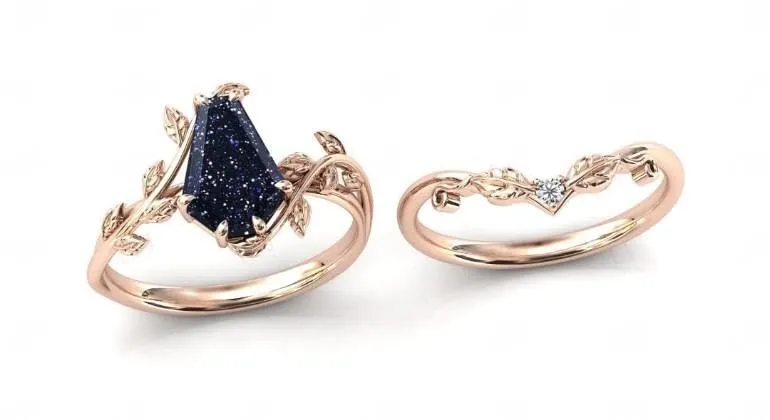 Vintage Sandstone Engagement Ring Set Black Anniversary Ring Set For Women Coffin Shaped Art Deco Wedding Leaf Style Ring Set (white-gold-plated-silver, 12)