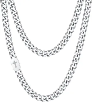 VNOX Silver Cross Necklace for Men - Solid Mens Cross Cuban Link Chain Necklaces Stainless Steel Silver Plated Chains for Men, Cool Miami Hip Hop Jewelry Gifts 22 Inch Rope Chain