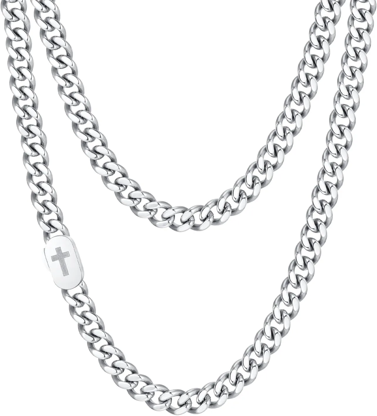 VNOX Silver Cross Necklace for Men - Solid Mens Cross Cuban Link Chain Necklaces Stainless Steel Silver Plated Chains for Men, Cool Miami Hip Hop Jewelry Gifts 22 Inch Rope Chain