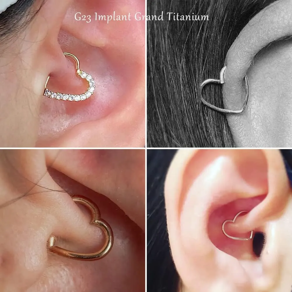 VOJO 2 Pcs G23 Titanium Heart Daith Piercing Jewelry Rook Tragus Clicker Ring Cartilage Earrings 16G