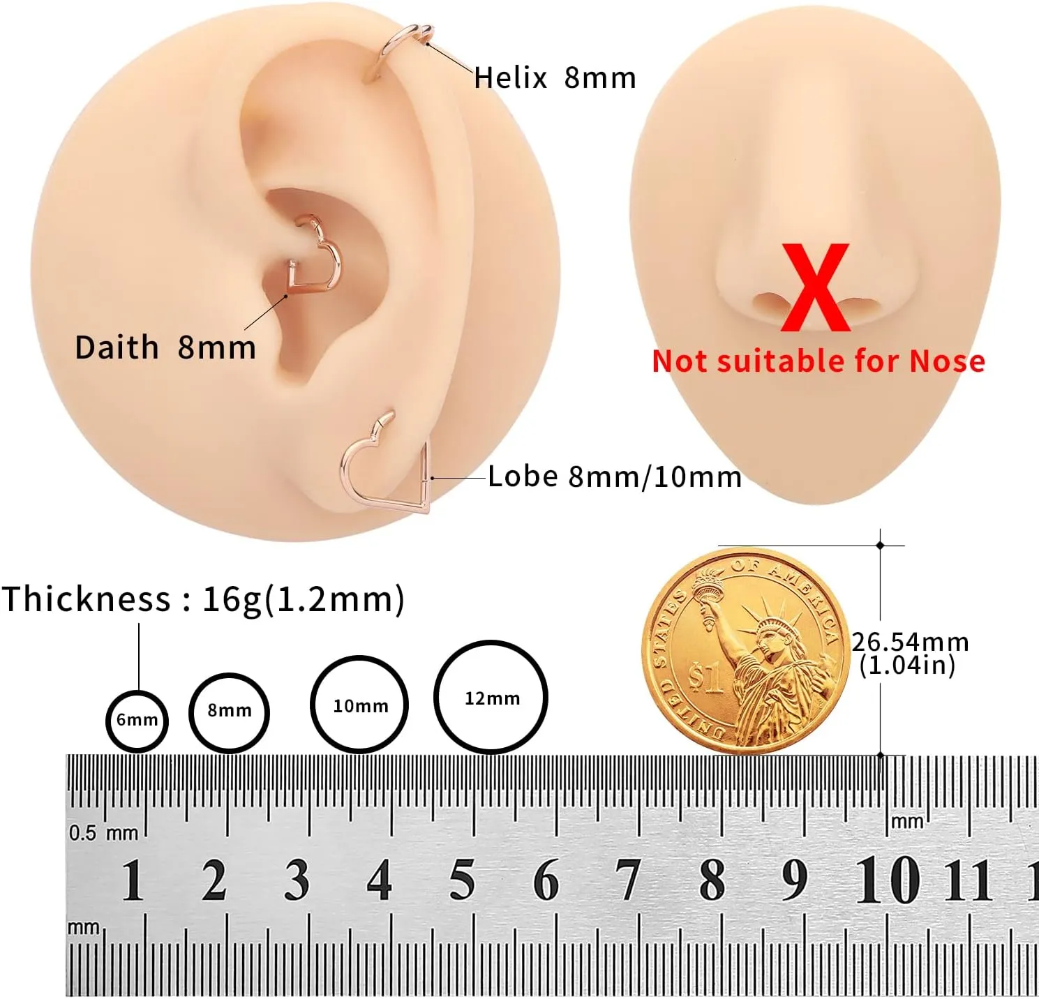 VOJO 2 Pcs G23 Titanium Heart Daith Piercing Jewelry Rook Tragus Clicker Ring Cartilage Earrings 16G