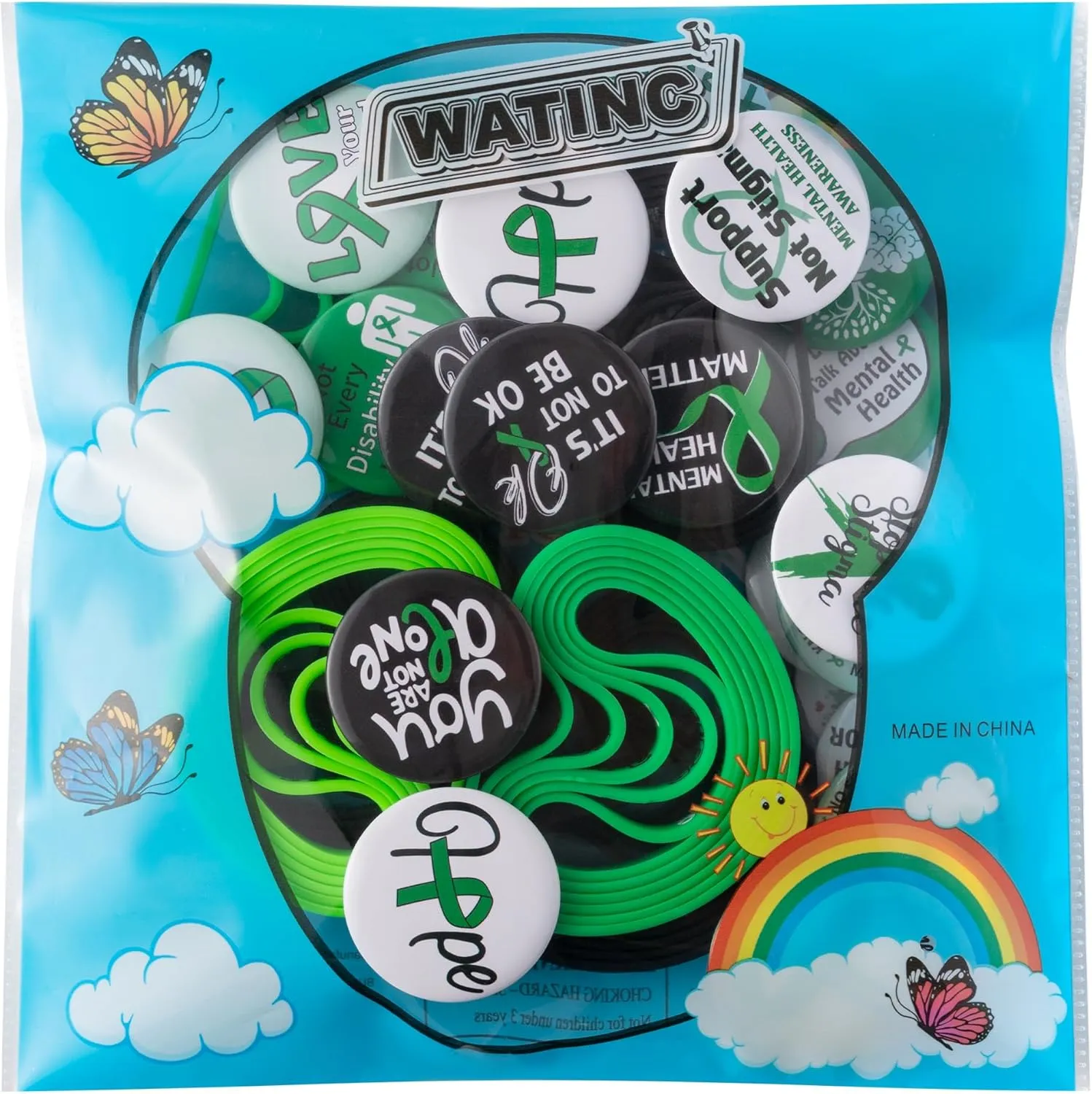 WATINC Ribbon Pins Accessories Set - 72Pcs Health Awareness Silicone Stretch Wristbands and Button Pin for Men Women