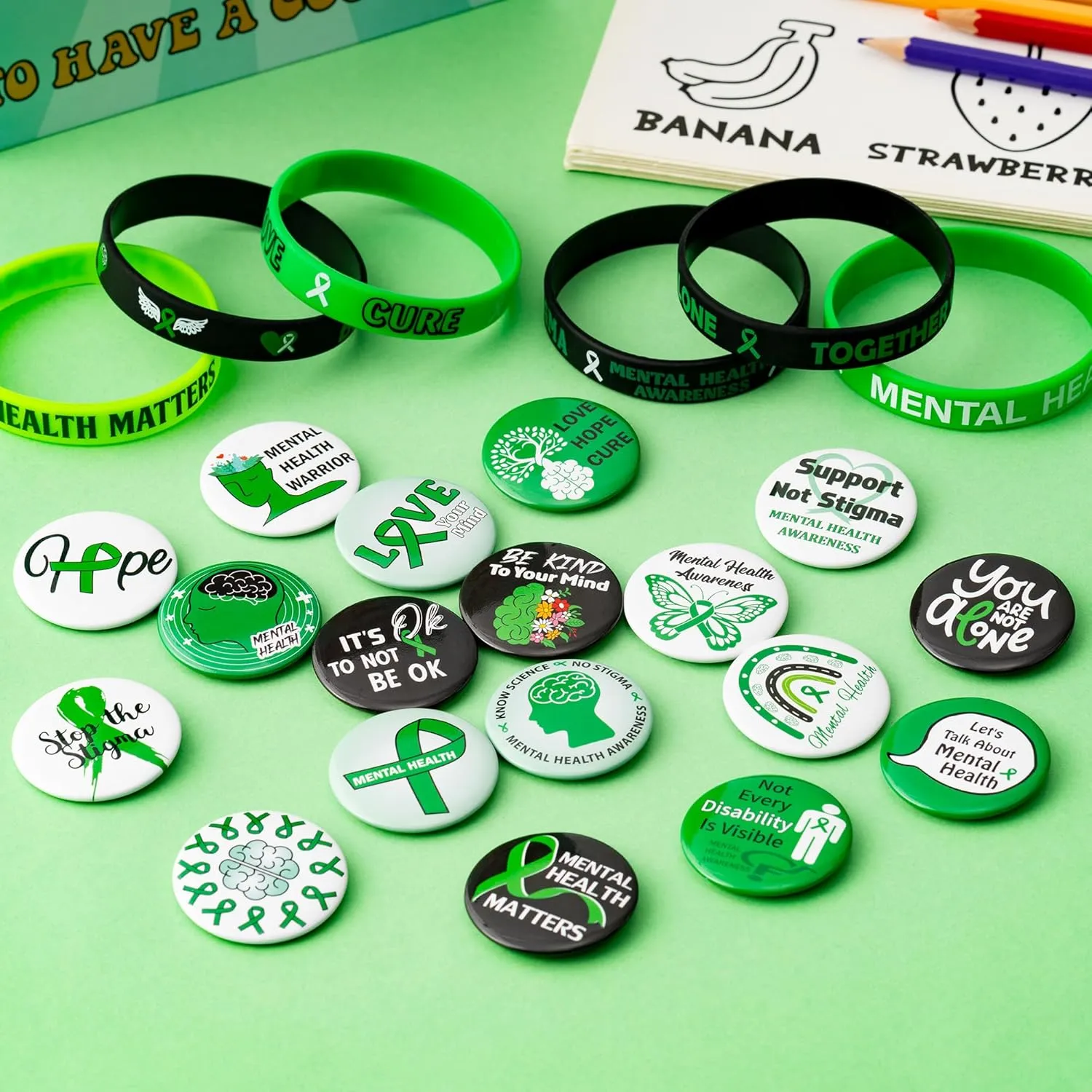WATINC Ribbon Pins Accessories Set - 72Pcs Health Awareness Silicone Stretch Wristbands and Button Pin for Men Women