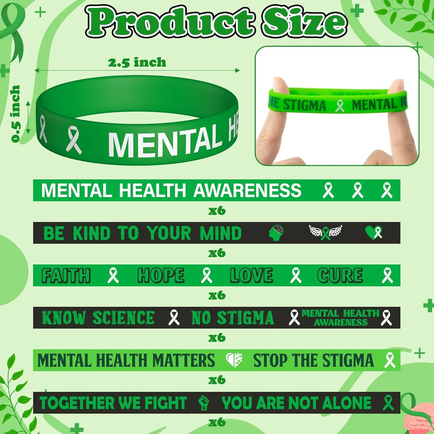 WATINC Ribbon Pins Accessories Set - 72Pcs Health Awareness Silicone Stretch Wristbands and Button Pin for Men Women