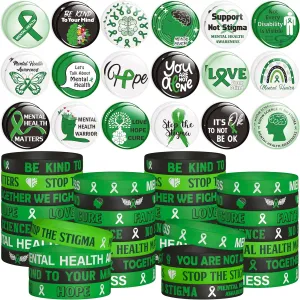 WATINC Ribbon Pins Accessories Set - 72Pcs Health Awareness Silicone Stretch Wristbands and Button Pin for Men Women