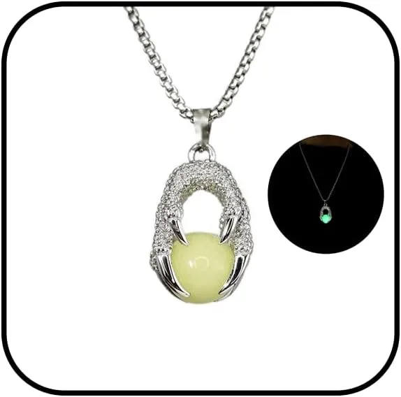 WETMT Halloween Dragon Claw Necklace with Crystal Ball Glow in The Dark Necklaces for Men Silver Dragon Necklace Luminous Halloween Gothic Jewelry