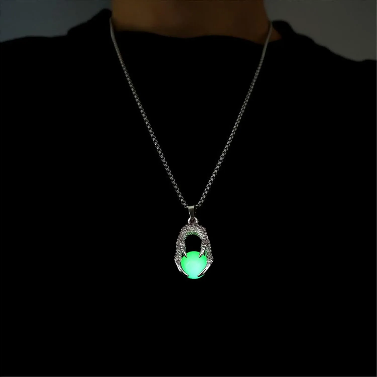 WETMT Halloween Dragon Claw Necklace with Crystal Ball Glow in The Dark Necklaces for Men Silver Dragon Necklace Luminous Halloween Gothic Jewelry