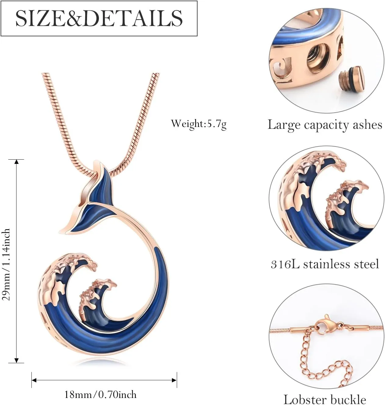 Whale Wave Urn Necklace for Ashes Animals Cremation Jewelry Stainless Steels Whale Tail Memorial Necklaces Ash Holder for Human Pets Keepsake Jewelry for Loved Ones with Fill Tool