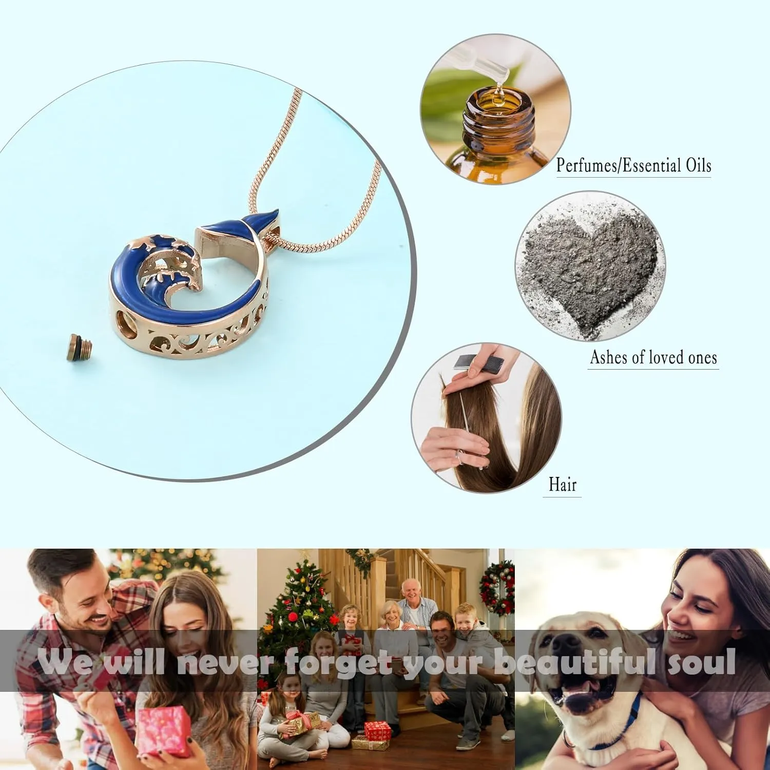 Whale Wave Urn Necklace for Ashes Animals Cremation Jewelry Stainless Steels Whale Tail Memorial Necklaces Ash Holder for Human Pets Keepsake Jewelry for Loved Ones with Fill Tool