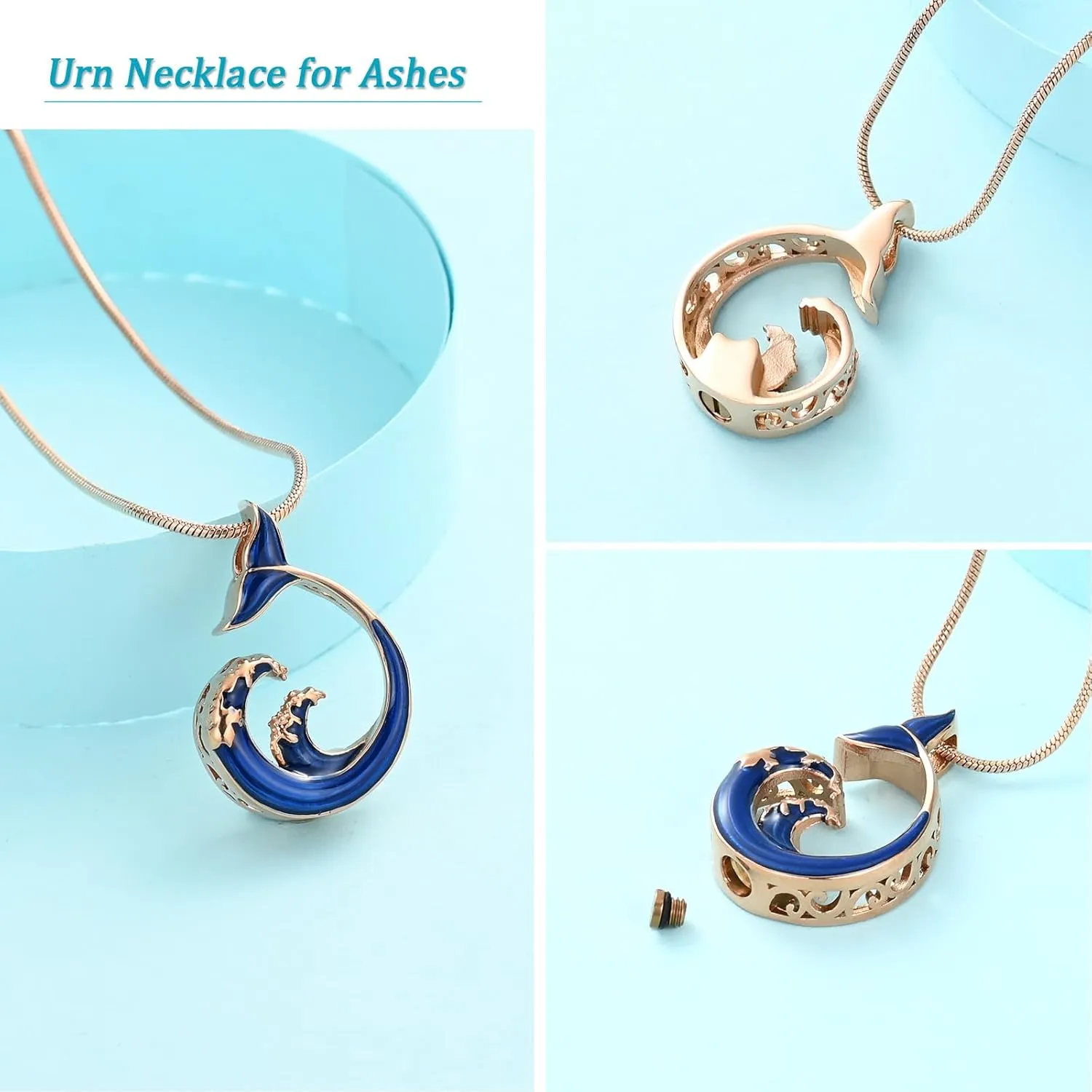 Whale Wave Urn Necklace for Ashes Animals Cremation Jewelry Stainless Steels Whale Tail Memorial Necklaces Ash Holder for Human Pets Keepsake Jewelry for Loved Ones with Fill Tool