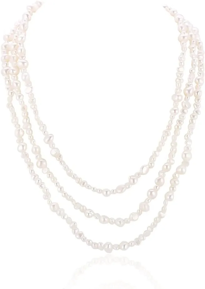 White Freshwater Cultured Pearl Necklace Long Baroque Pearl Handmade Strand Necklace for Women