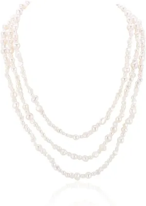 White Freshwater Cultured Pearl Necklace Long Baroque Pearl Handmade Strand Necklace for Women