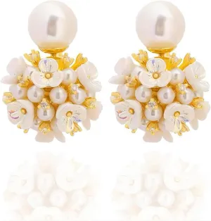 White Pearl Flower Cluster Ball Earrings for Women, Hypoallergenic Waterproof Big Pearls Stud Earrings Fashion Noble Prom Jewelry Gifts