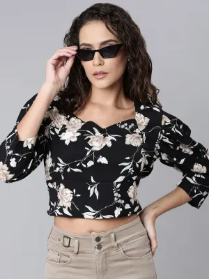 Women Black Floral Print Sweetheart Neck Puff Sleeve Blouson Crop Top