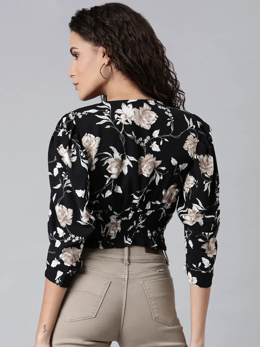 Women Black Floral Print Sweetheart Neck Puff Sleeve Blouson Crop Top